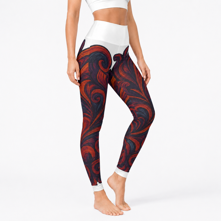 Close-up of artistic high waisted yoga leggings highlighting the artistic all-over print and raised waistband detail clearly.