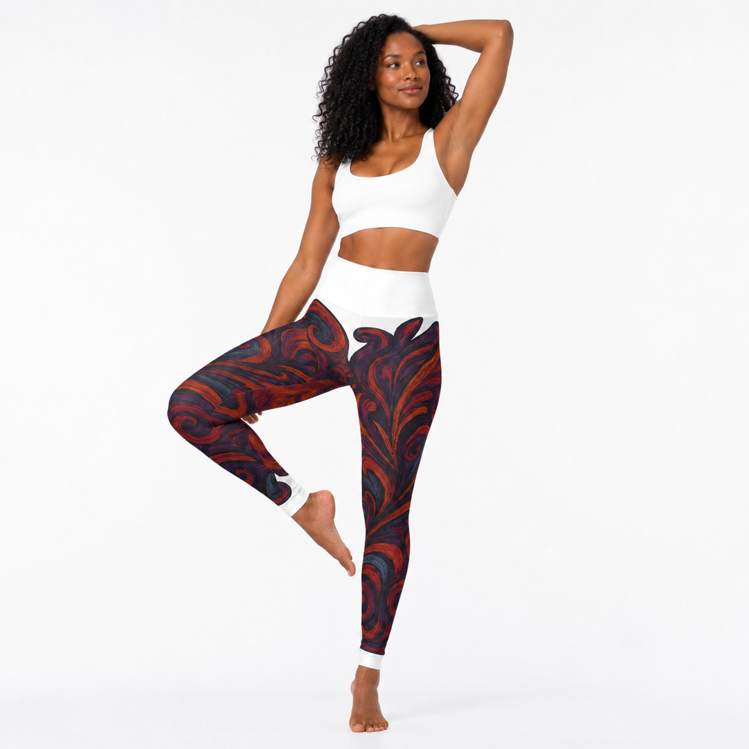 High waisted yoga leggings shown in a product fit view with artistic all-over print, raised waistband and full-length design.