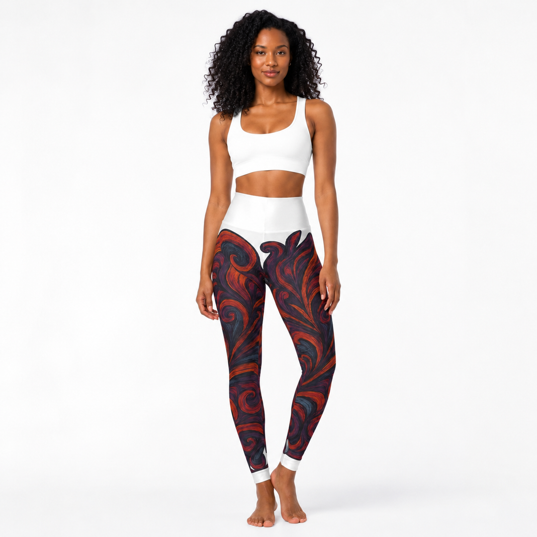 High waisted yoga leggings shown in a hero image showing the artistic all-over print and raised waistband for product detail.
