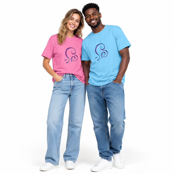 A man and a woman standing side-by-side against a white background, wearing matching graphic t-shirts. The woman wears a pink t-shirt with a purple swirl design, and the man wears a light blue t-shirt with a purple swirl design.