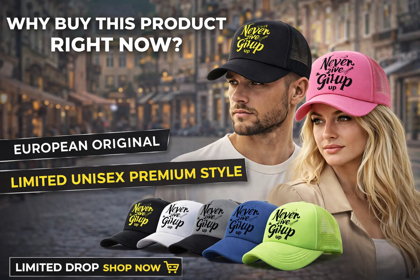 never give up cap black color adjustable back strap