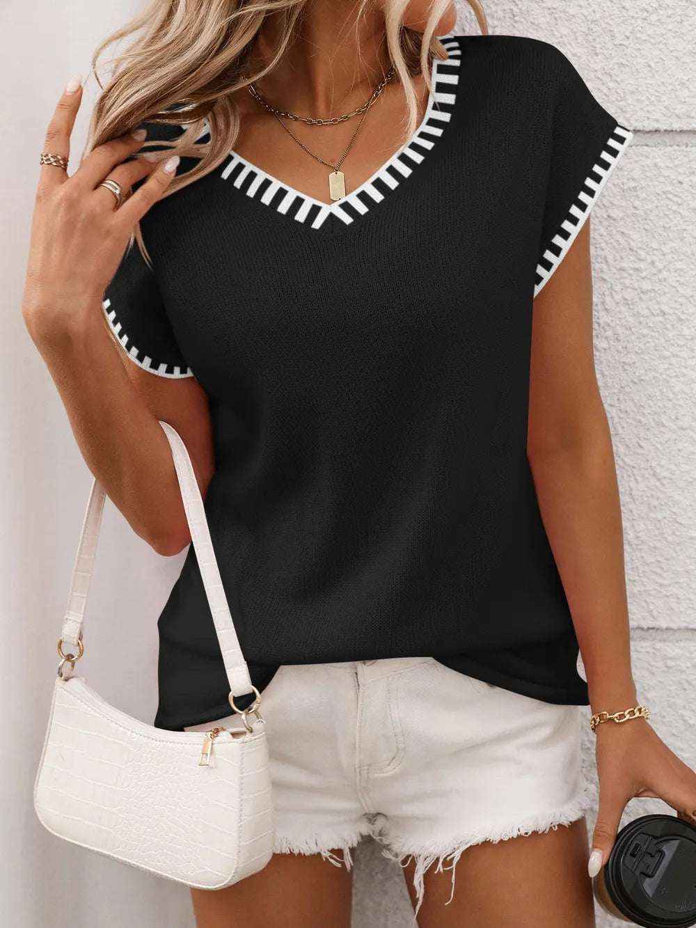 Contrast Trim V-Neck Knit Top for Women