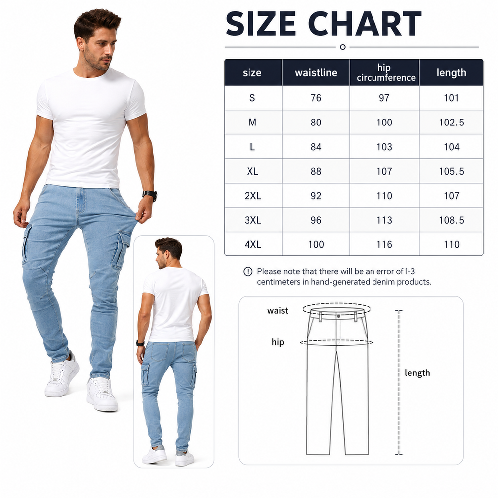 Stretch cargo pants close-up showing denim texture, utility pockets and slim leg shape