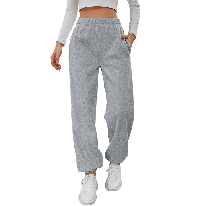 fleece lined straight pants women hip and leg close up straight type flattering drape gray tone