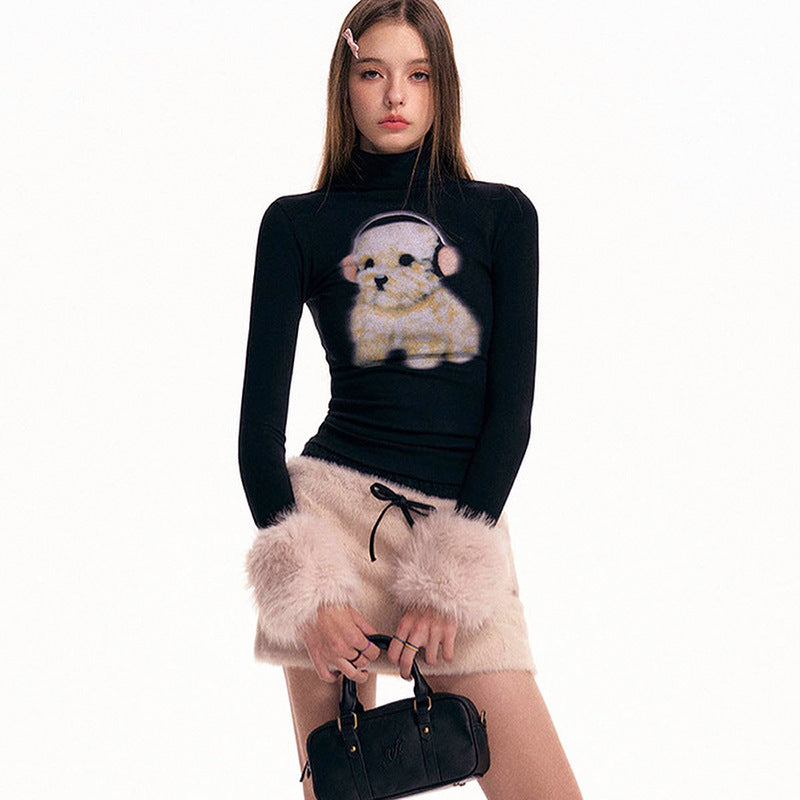 adorable puppy face print on black long sleeve tee detail