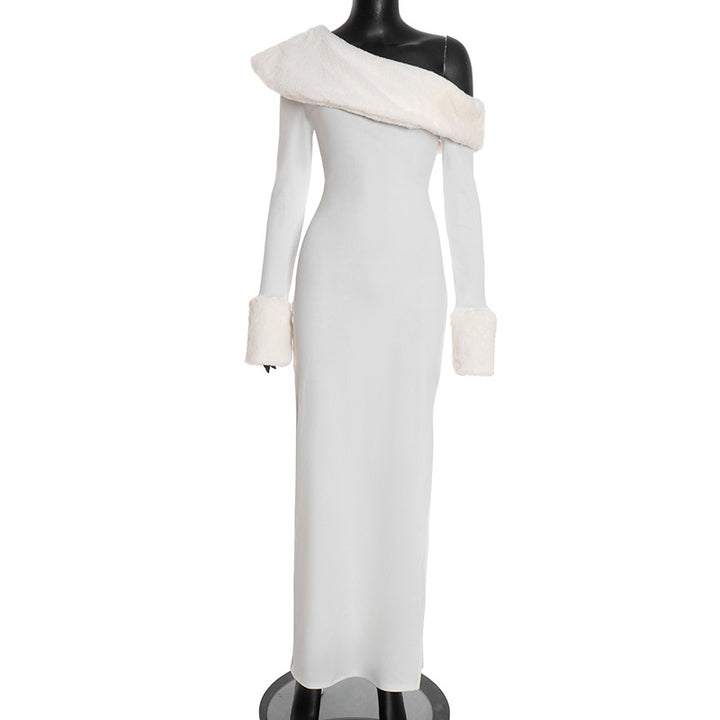 White Christmas Maxi Dress - Oblique Collar, Clean Cut.