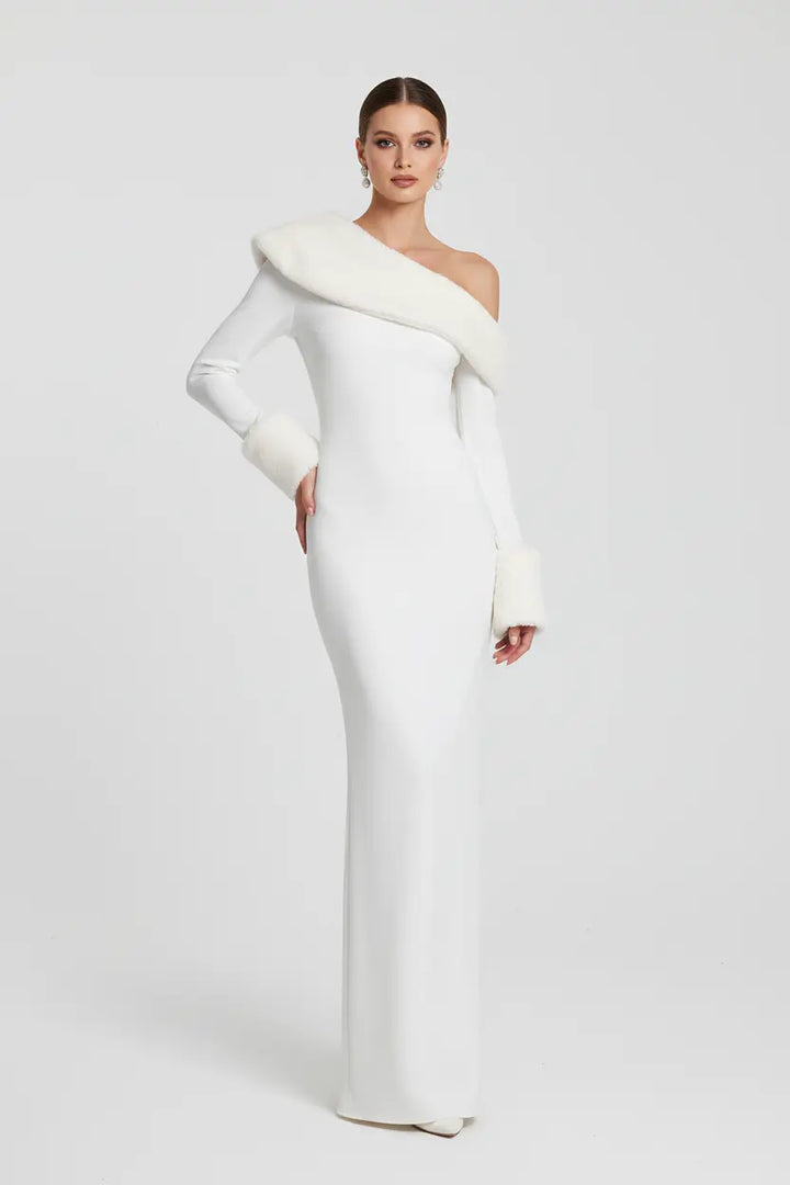 White Christmas Maxi Dress - Oblique Collar, Clean Cut.