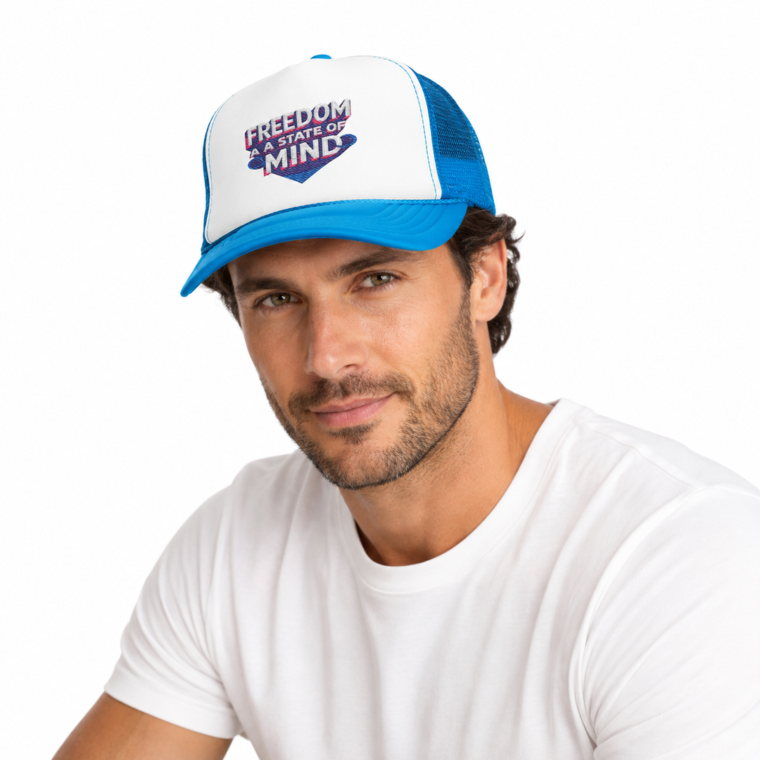 Man wearing a white and blue cap with &