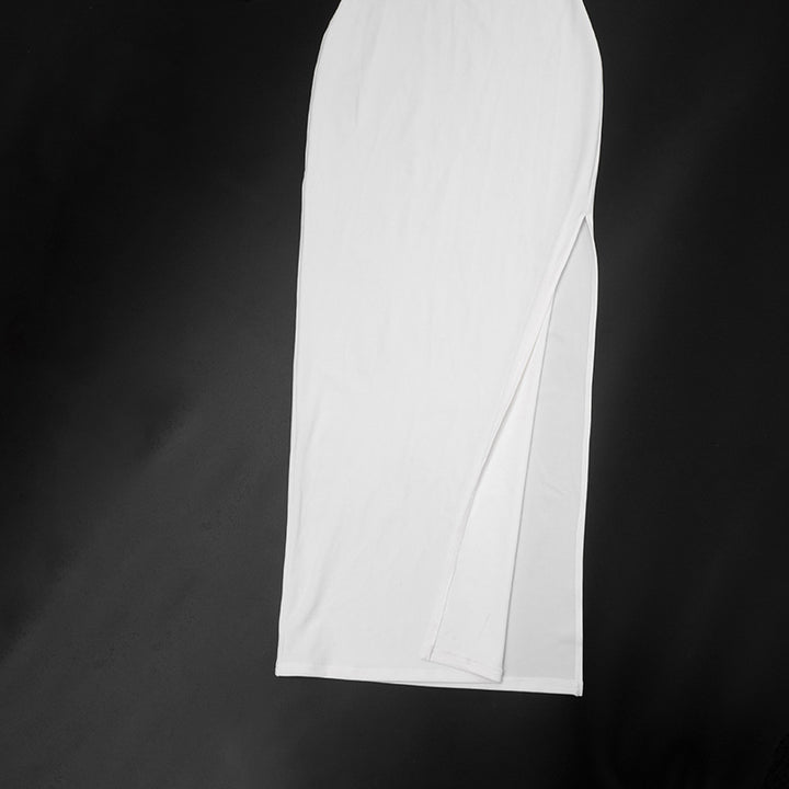 Long sleeve dress in White with an oblique collar and patchwork detail, presented for a clear view of the overall silhouette.