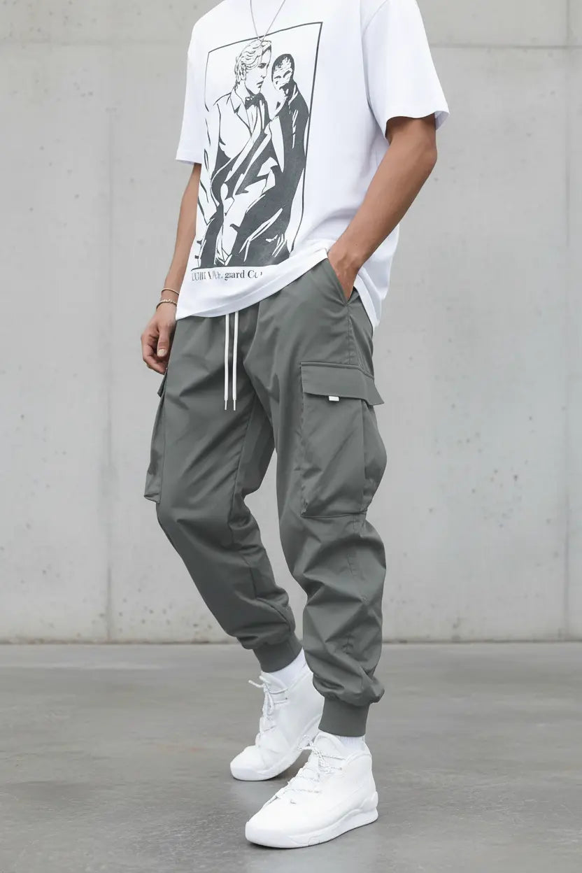 men hip hop cargo pants relaxed silhouette paired with sneakers