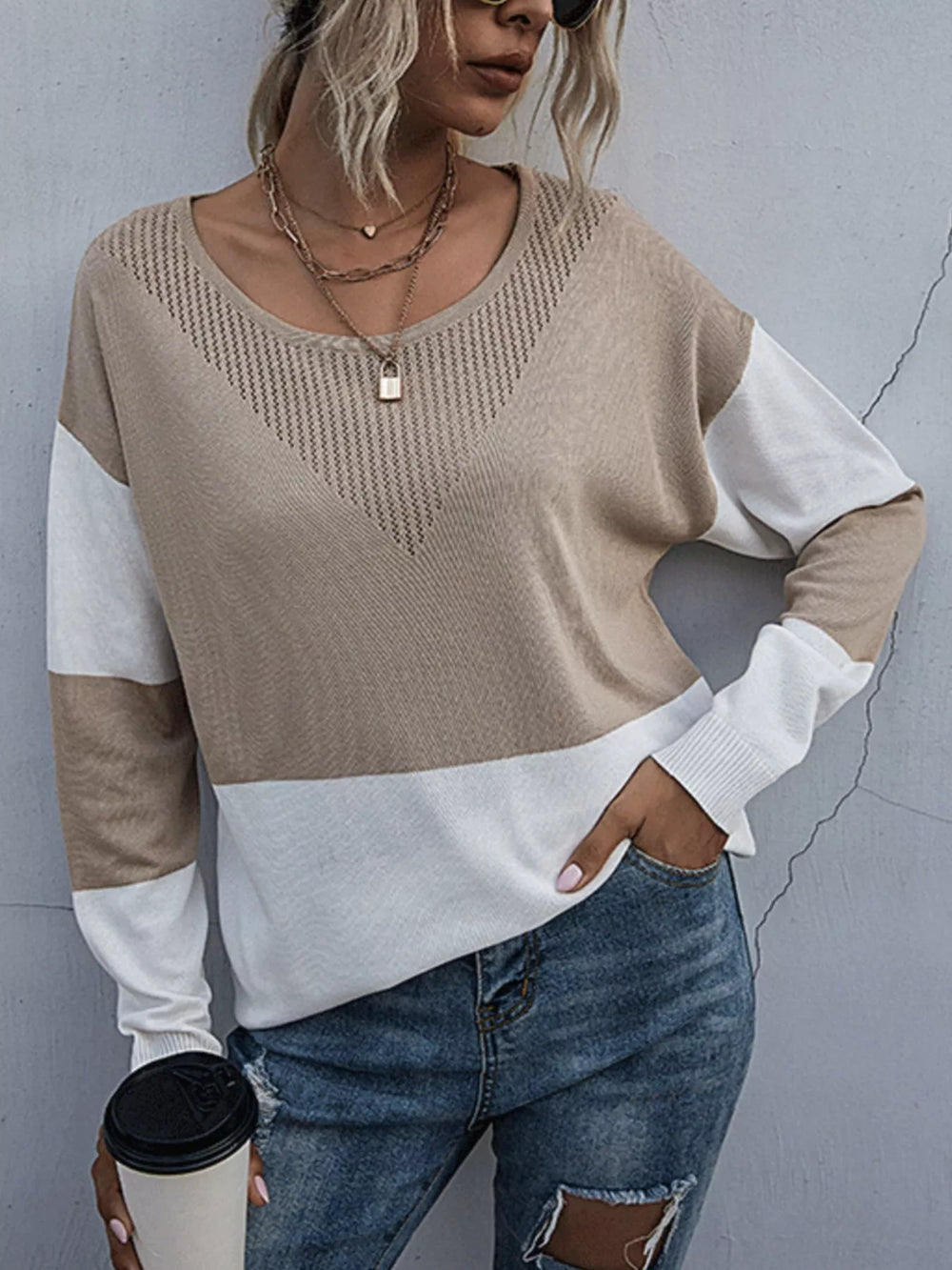 "color block round neck women sweater front view"
