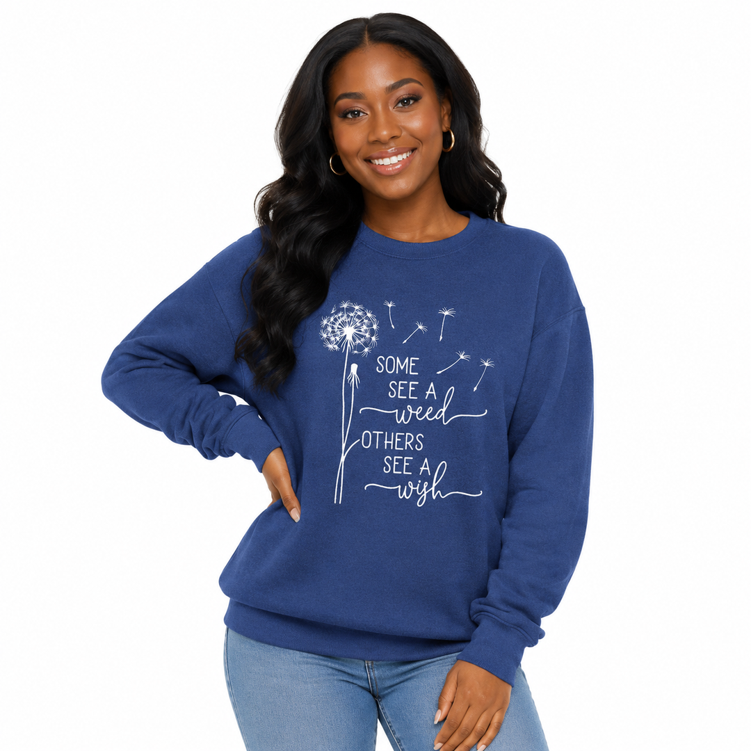 Blue printed sweatshirt for women with Some See Wishes message, soft cotton blend feel and easy everyday layering style today