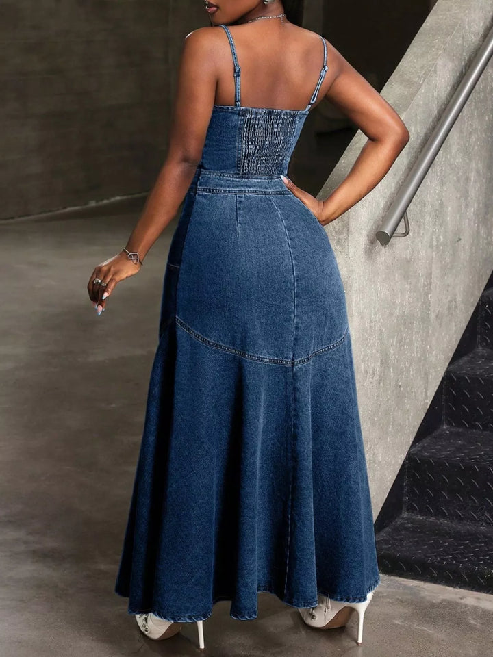 summer denim dress front detail showing smocking stretch and buttoned design in blue denim, perfect for brunch and weekends
