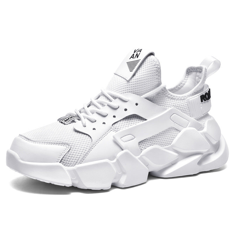 Clean white sports casual shoes for men with breathable mesh upper and PU sole, suitable for daily walking comfort and style.
