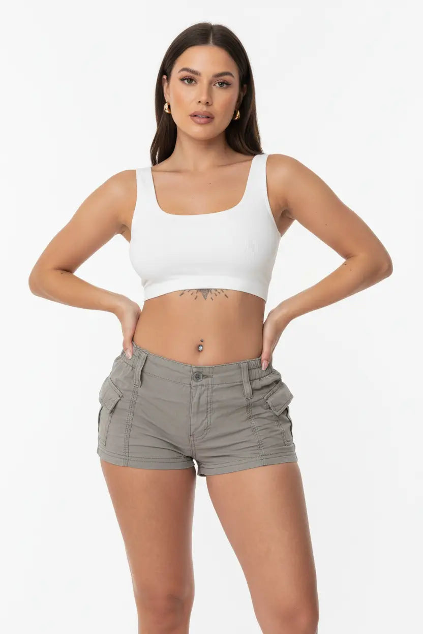 modern tailored shorts grey low waist structured cut minimalist styling neutral backdrop