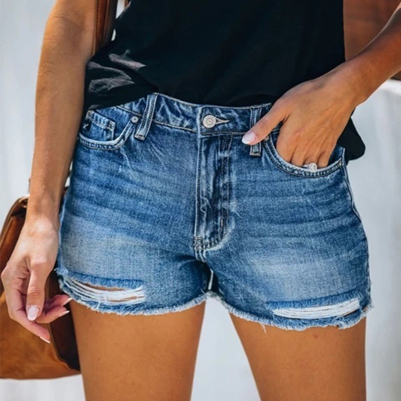 "fringe denim shorts color options grey black blue together, frayed hem and hole detail for modern summer looks"
