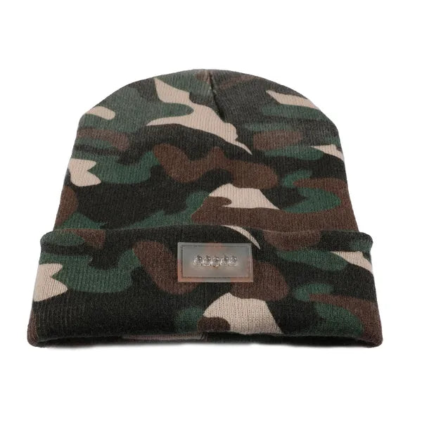 LED knit beanie side angle showing light module placement