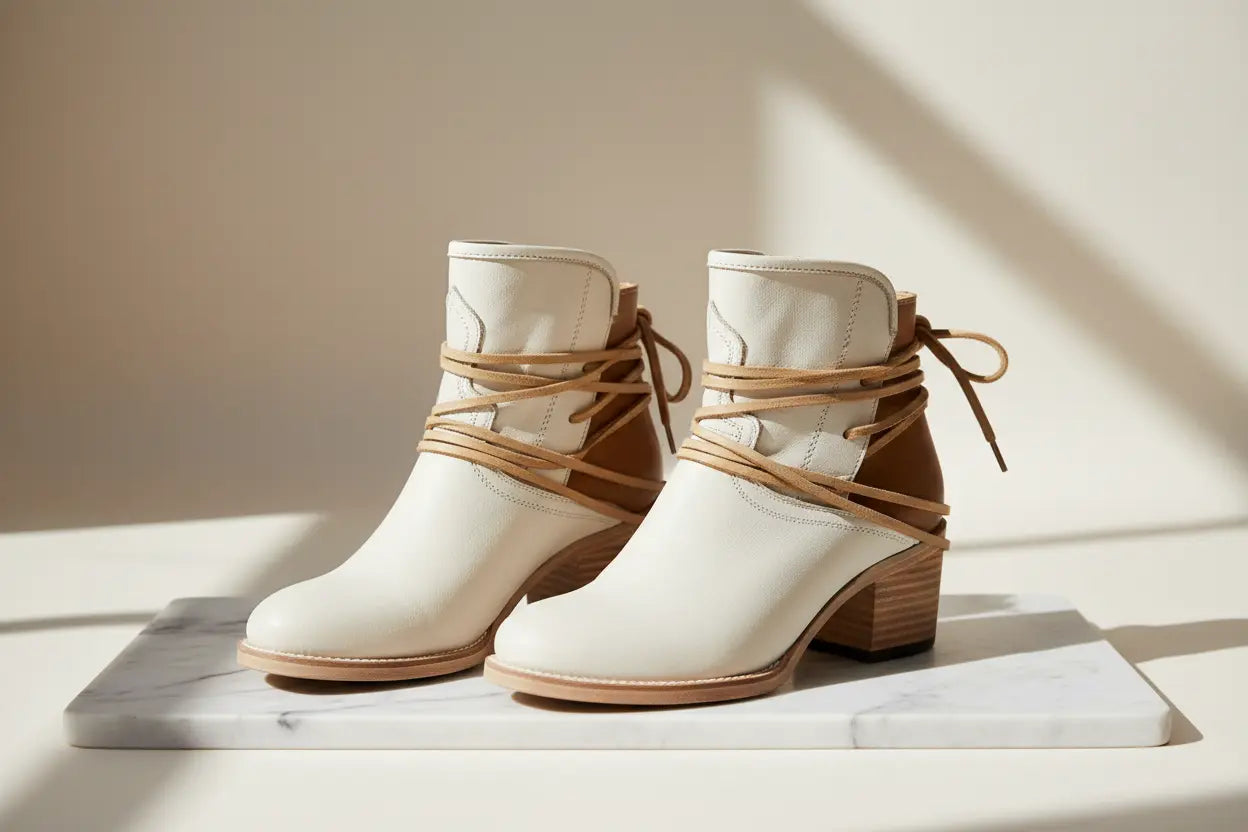 lace up slingback booties women faux leather in milky white with wraparound ties and stable heel for city walks
