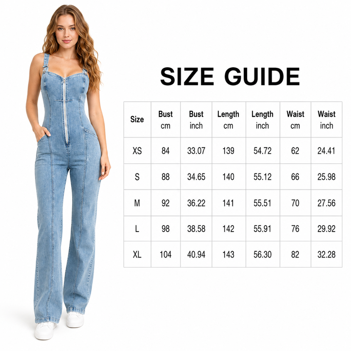 Full-length sleeveless denim jumpsuit with zipper front and patchwork construction styled as an easy one-piece women&