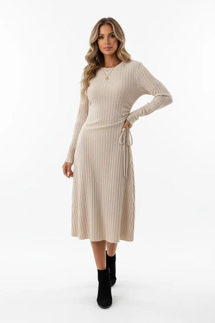 Long sleeve casual dress apricot neutral background