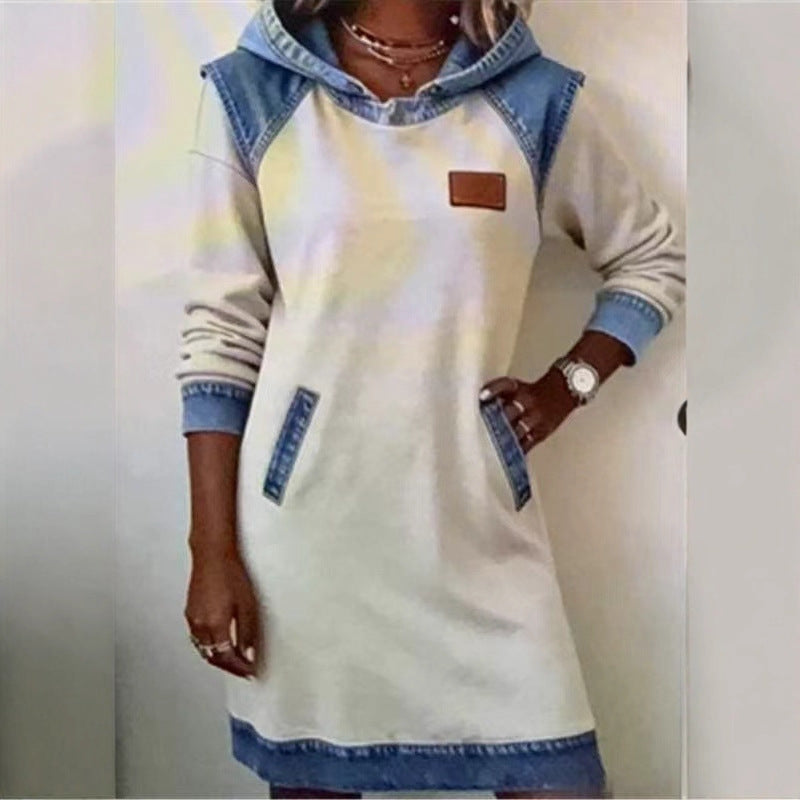 Denim Color Matching Ladies Hoodie Skirt yellow version full body view highlighting raglan sleeve cut and straight skirt line