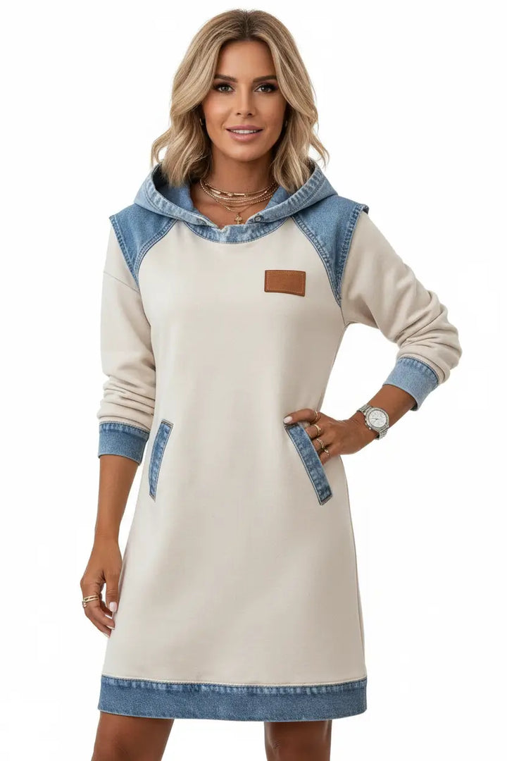 Denim Color Matching Ladies Hoodie Skirt peacock green tone contrast panels close up on sleeve and hem detail