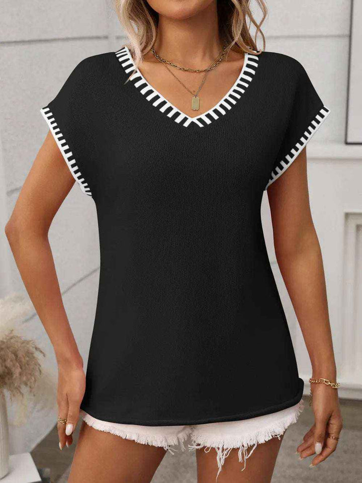 Contrast Trim V-Neck Knit Top for Women