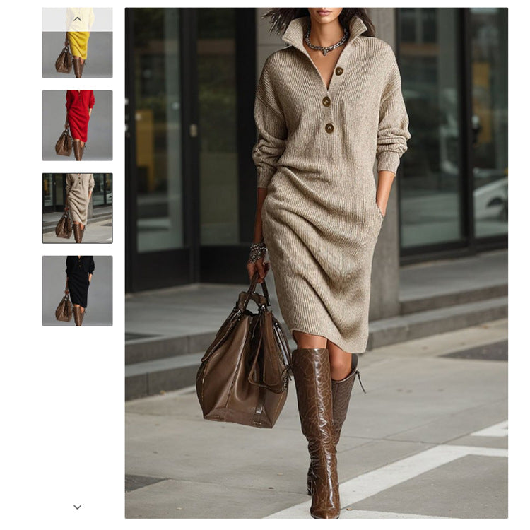 button lapel knit dress elegant front buttons