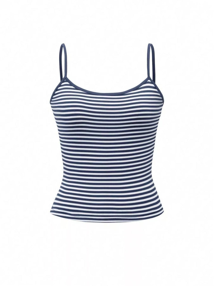 Navy and white striped tank top on a white background