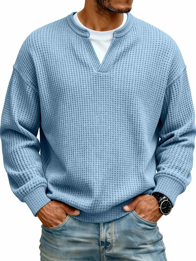 Men’s waffle sweater styled for transitional weather with a versatile everyday look