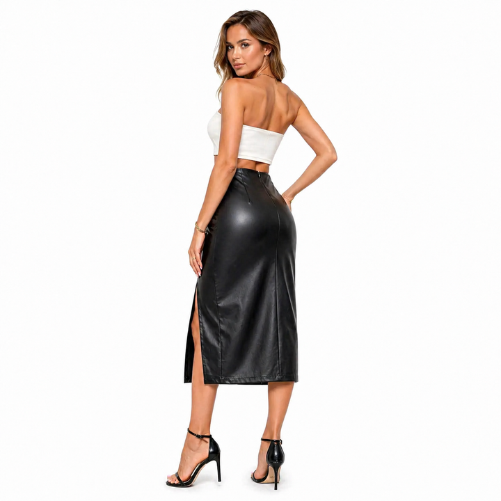 Back angle of black ruched skirt showing close fit through waist and hips