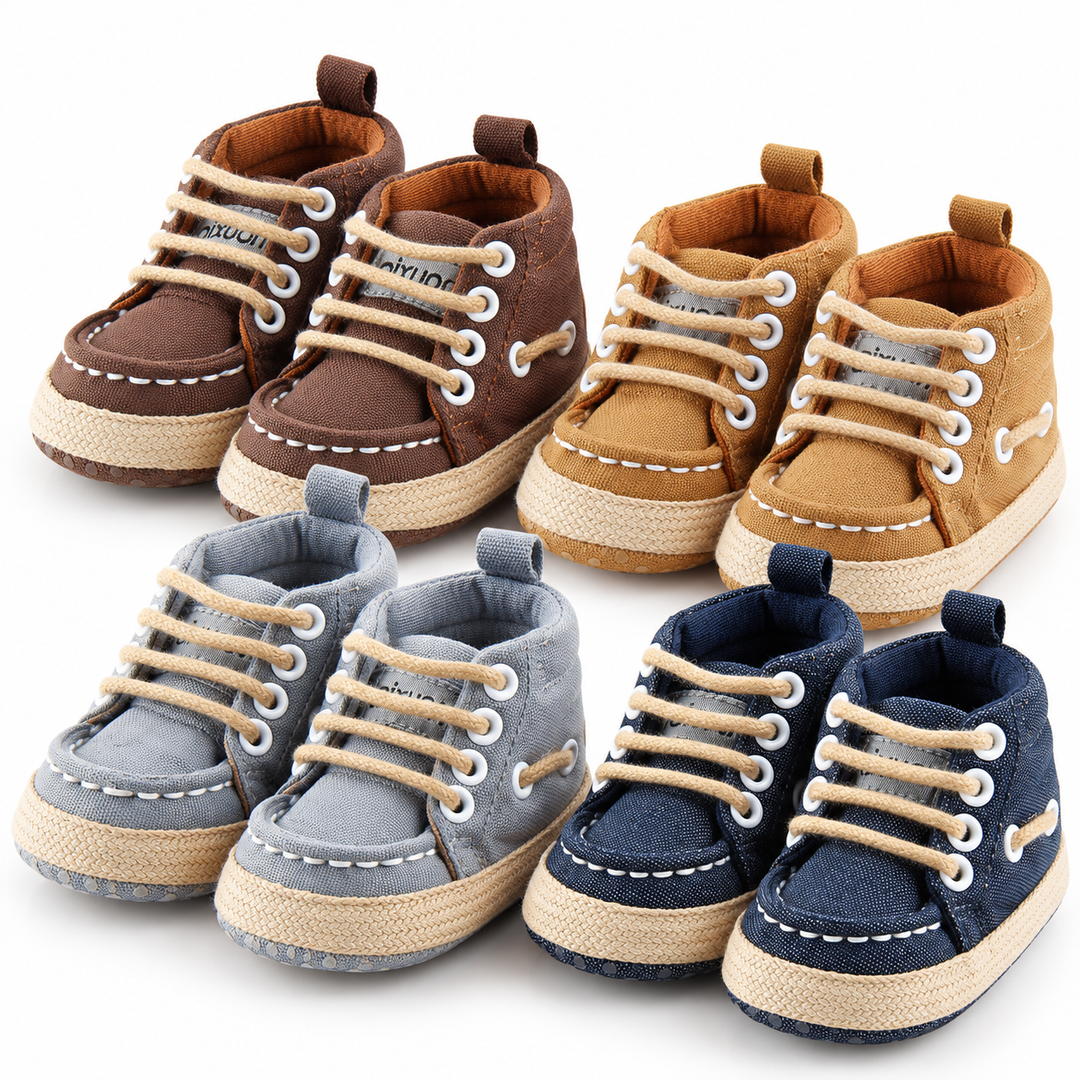 Baby canvas crib shoes in brown, khaki, gray and blue color options