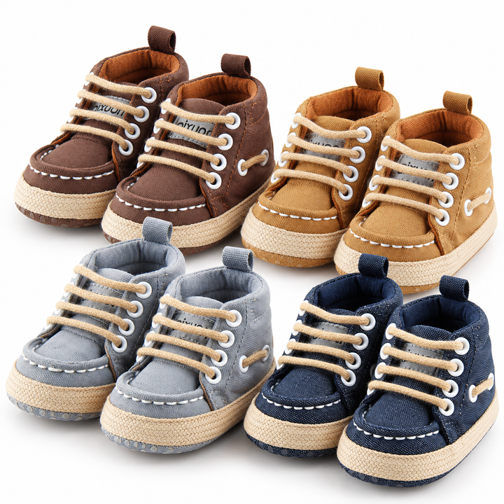 Baby canvas crib shoes in brown, khaki, gray and blue color options
