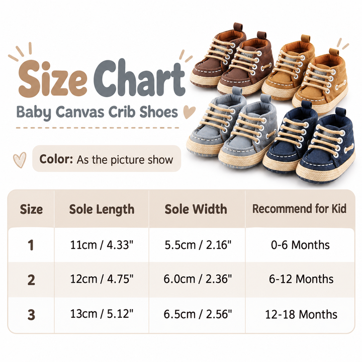 Baby canvas crib shoes size chart for sizes 11, 12 and 13