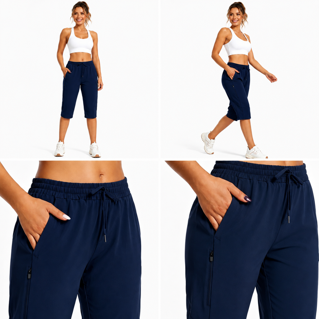   Women’s quick drying shorts size chart with model views, showing front and back fit, elastic waist and pocket details clearly