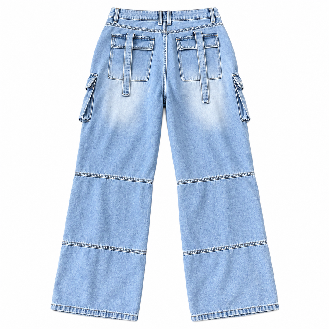 Light blue wide-leg cargo jeans isolated back view