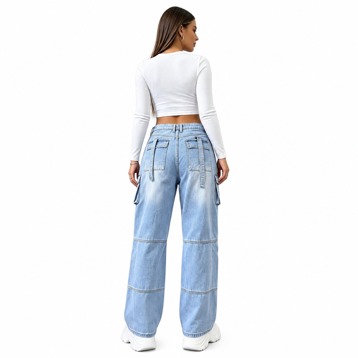 Light blue cargo jeans on model, full back view with rear pockets