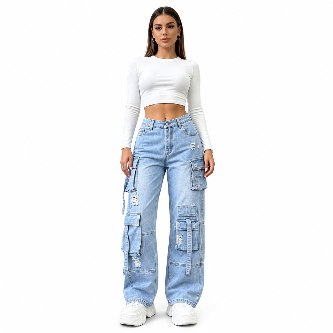 Light blue wide-leg cargo jeans, clean full front model view