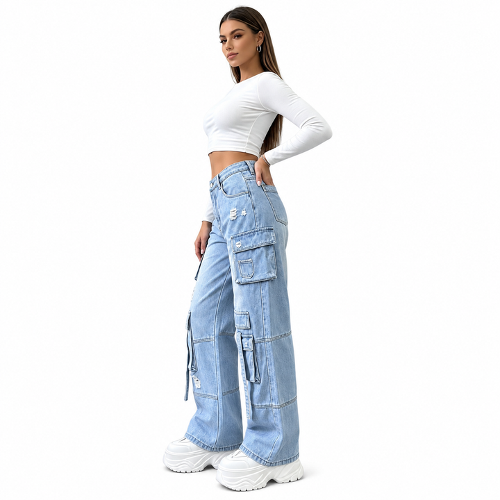 Cargo jeans side view showing multi-pocket and strap details