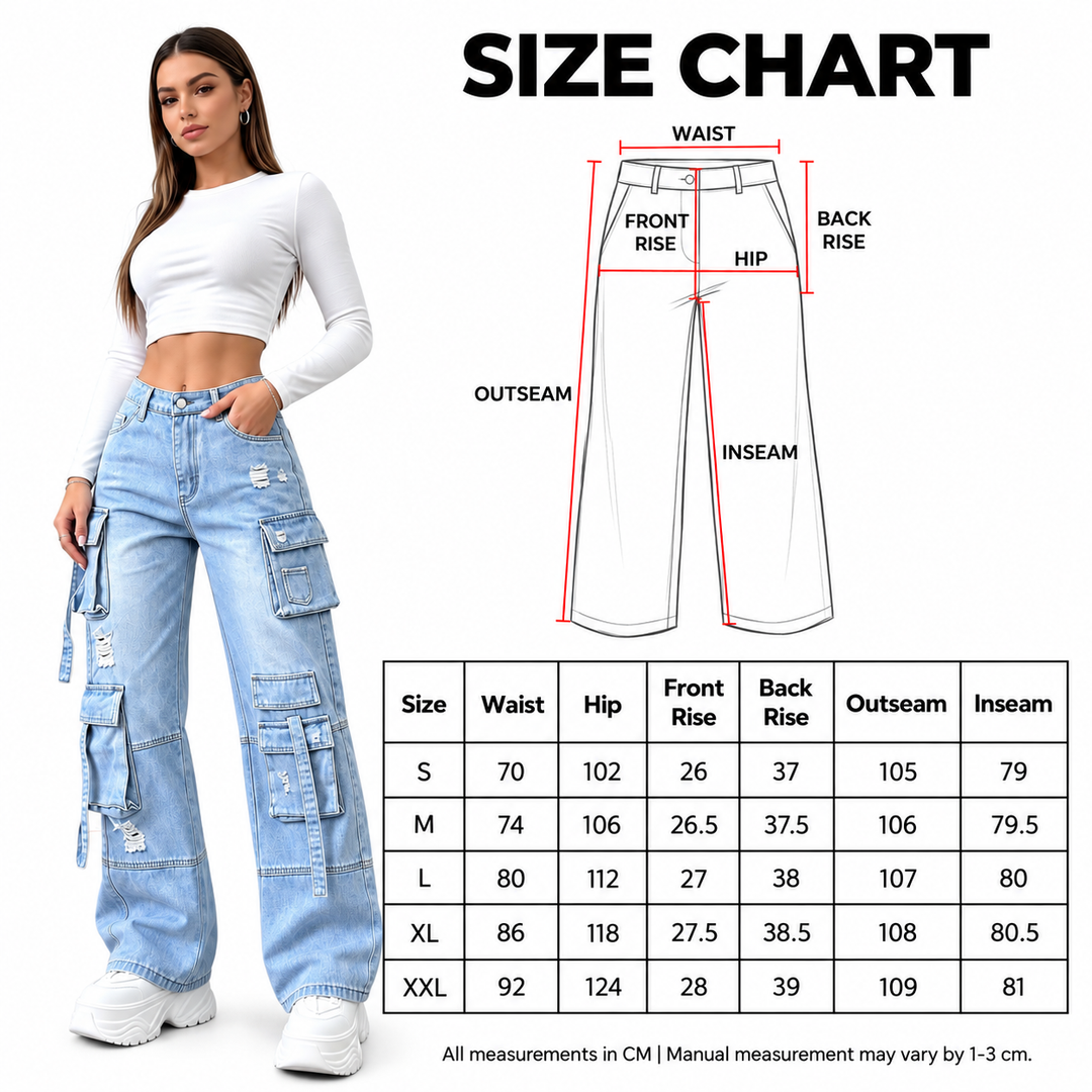 Baggy cargo jeans size chart with waist, hip, rise, outseam and inseam measurements