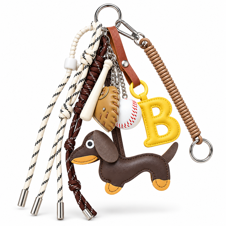 Baseball bag charm set shown hanging at an angle with all charms and cords visible