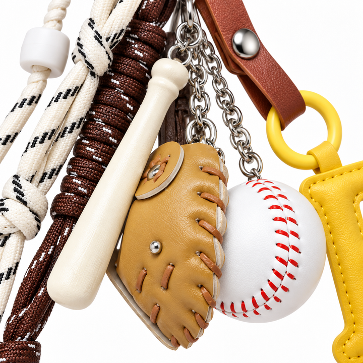 Close-up of baseball glove, white ball with red stitching and mini bat charms
