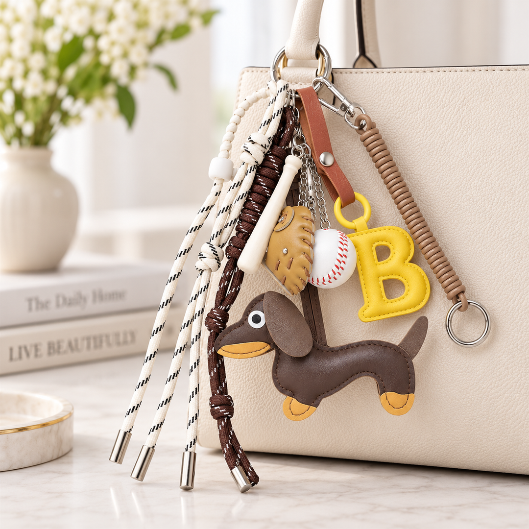 Baseball B and dachshund bag charm set hanging from a cream handbag