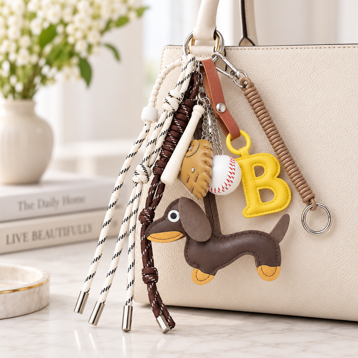 Baseball B and dachshund bag charm set hanging from a cream handbag
