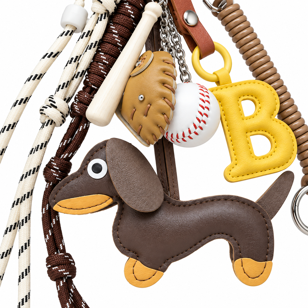 Close-up of brown dachshund charm with nearby baseball pieces and braided cords