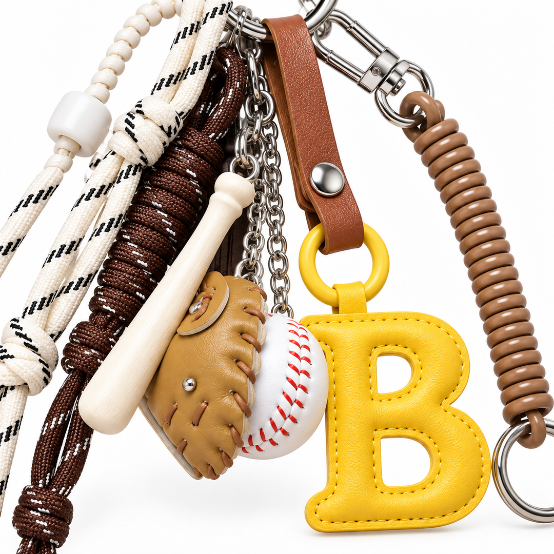 Close-up of yellow letter B charm, leather loop, braided cords and silver hardware