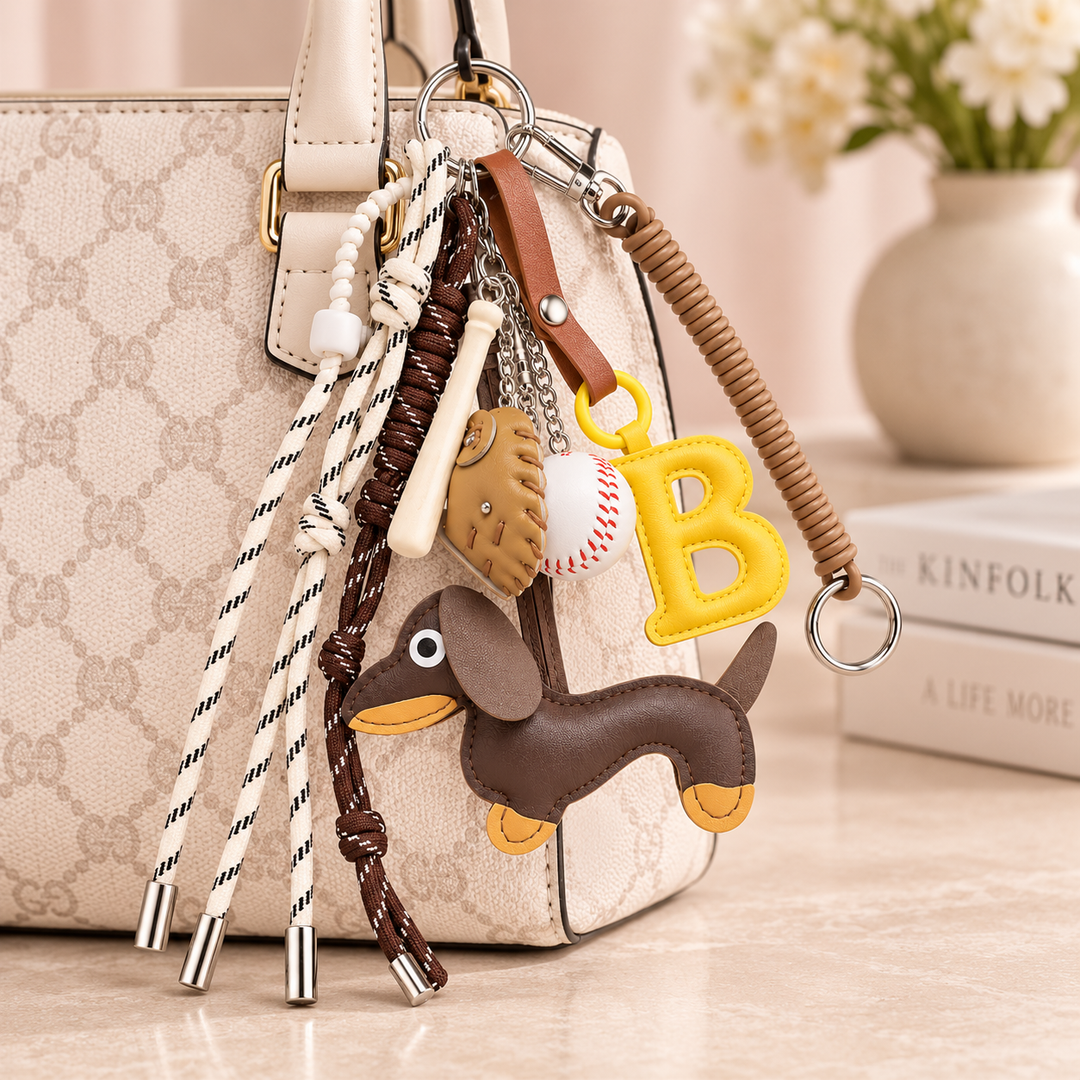 Baseball B and dachshund bag charm set attached to a light patterned handbag