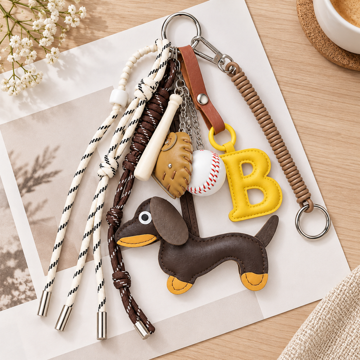 Baseball B and dachshund keychain set arranged on a light wood tabletop