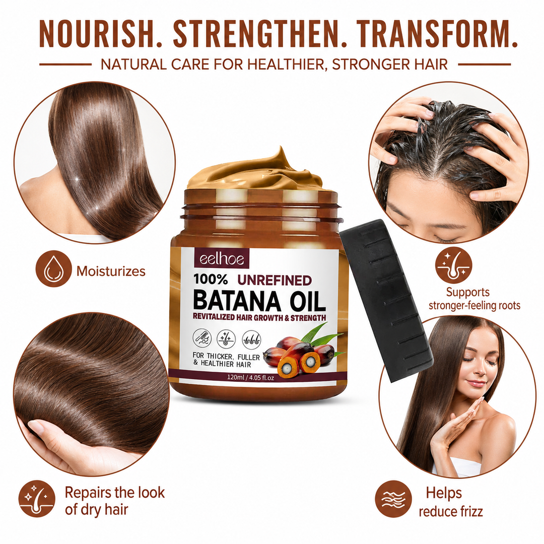 Batana Oil Conditioner benefits collage with hair smoothness, scalp care and EELHOE product jar on a clean white background.