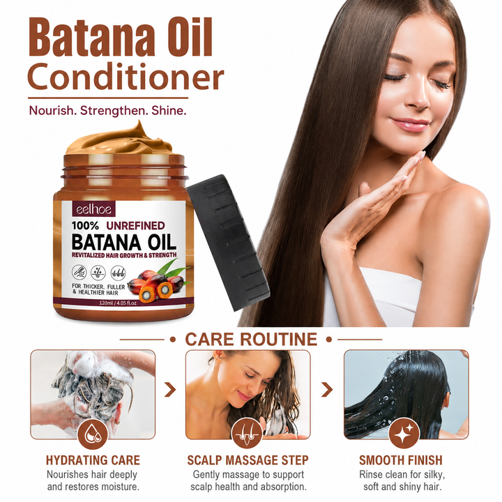 Batana Oil Conditioner care routine collage with product jar, model and hair care steps arranged on a clean white background.
